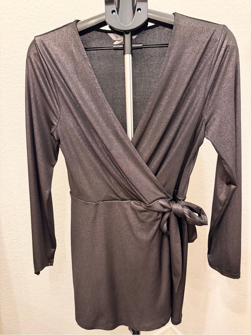 BCBG Metallic Wrap Long-Sleeve Dress - Shimmering Gunmetal ~ Size Medium
